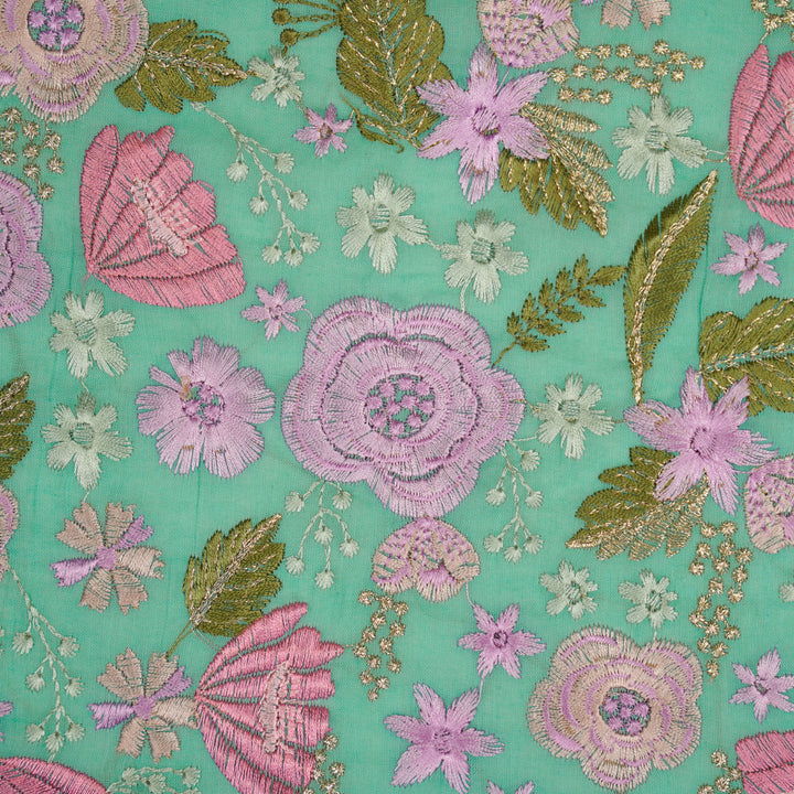 Waha Jaal on Aqua Silk Chanderi Embroidered Fabric