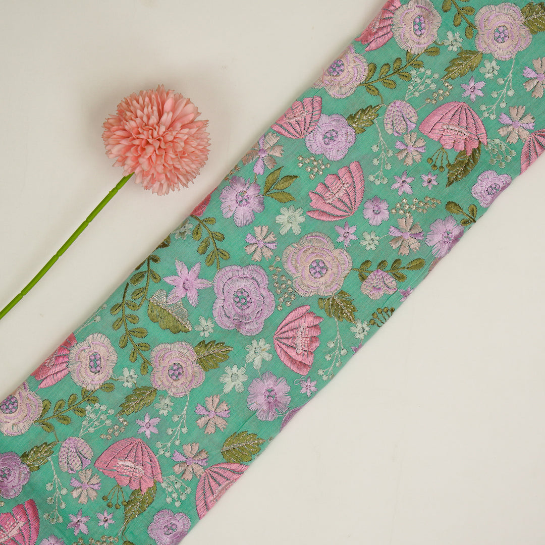 Waha Jaal on Aqua Silk Chanderi Embroidered Fabric