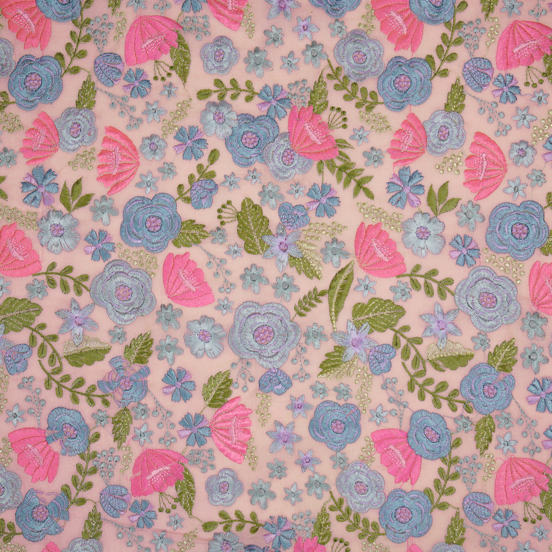 Waha Jaal on Pink Silk Chanderi Embroidered Fabric