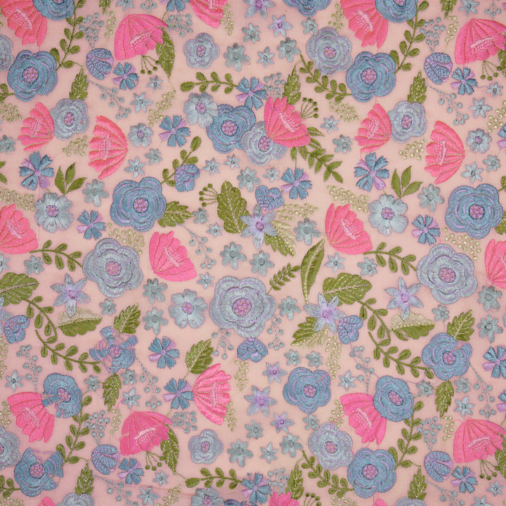 Waha Jaal on Pink Silk Chanderi Embroidered Fabric