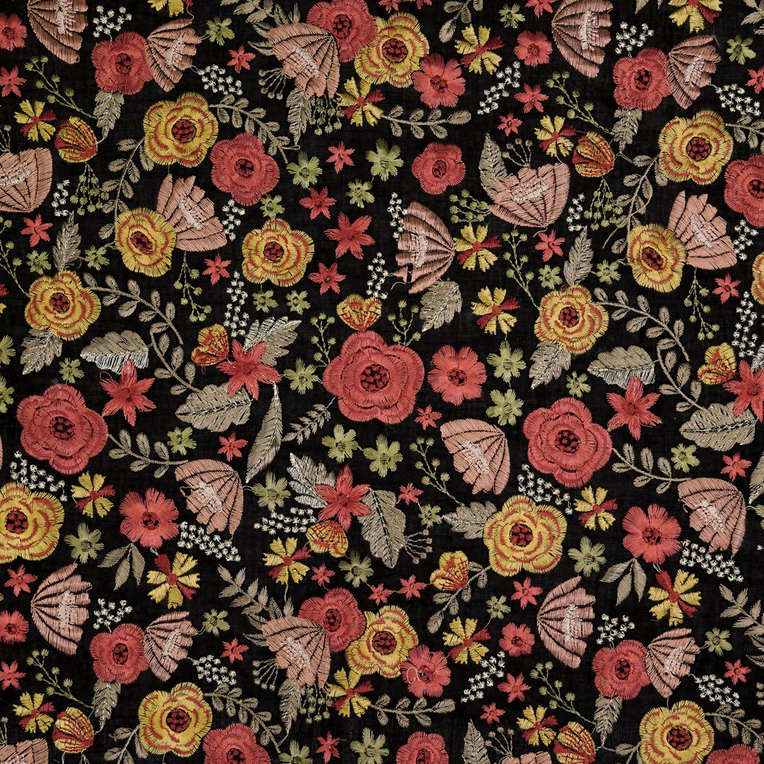 Waha Jaal on Black Silk Chanderi Embroidered Fabric