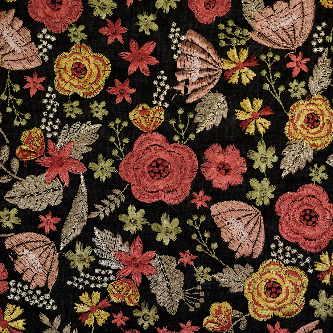 Waha Jaal on Black Silk Chanderi Embroidered Fabric