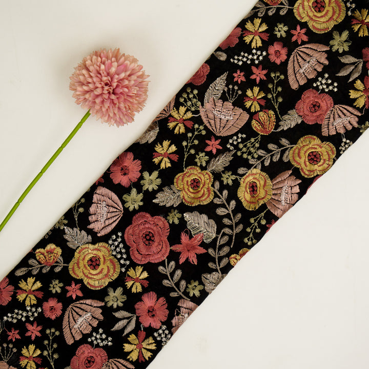 Waha Jaal on Black Silk Chanderi Embroidered Fabric