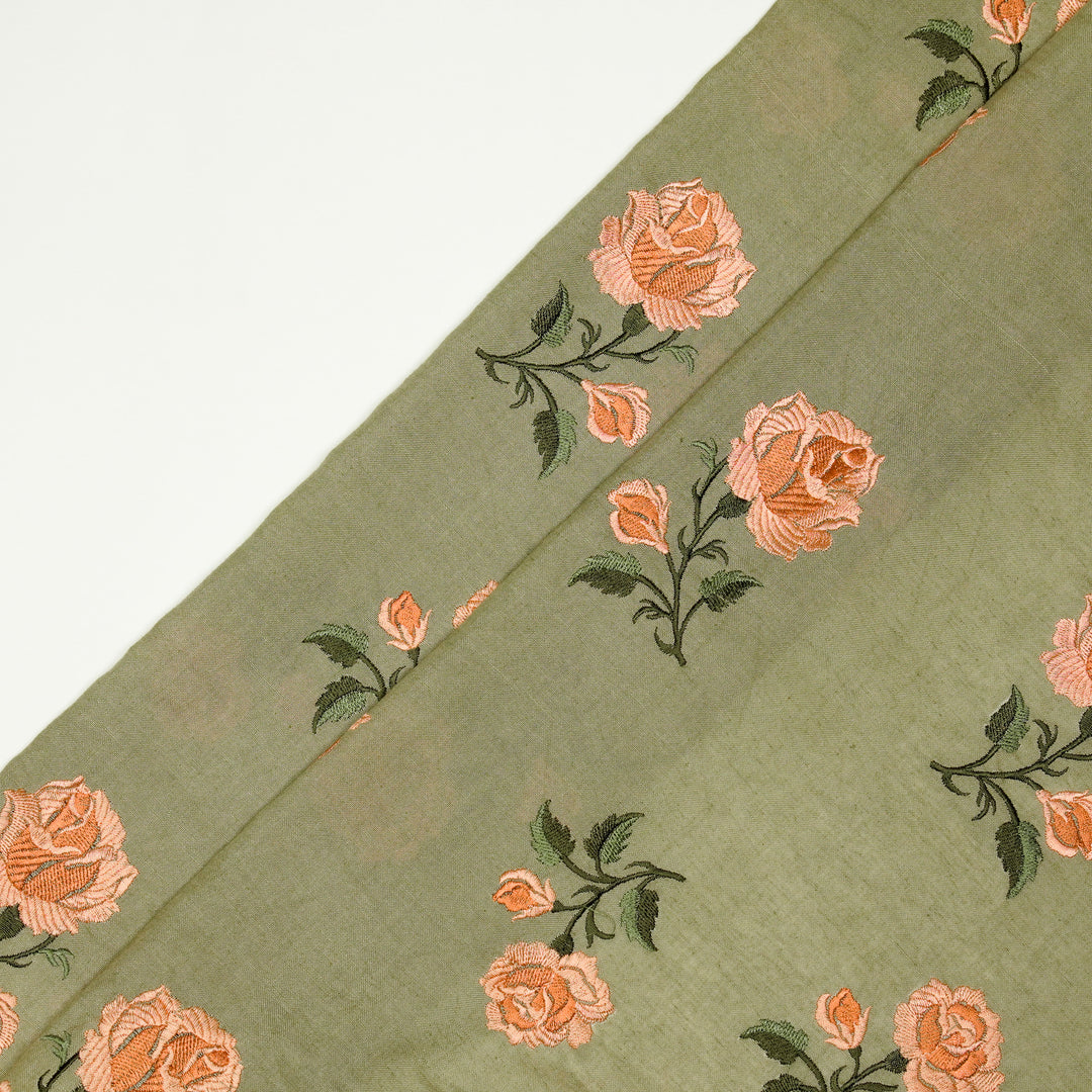 Shaima Buta on Light Olive Cotton Linen Embroidered Fabric