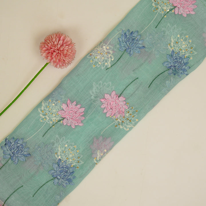 Nahla Buta on Sky Blue Cotton Silk Embroidered Fabric