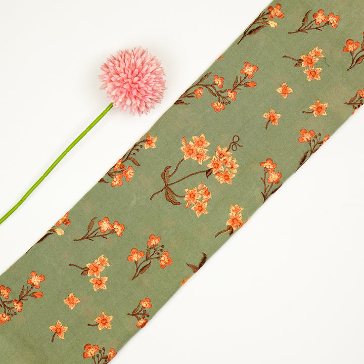 Safiya Buta on Light Olive Cotton Linen Embroidered Fabric