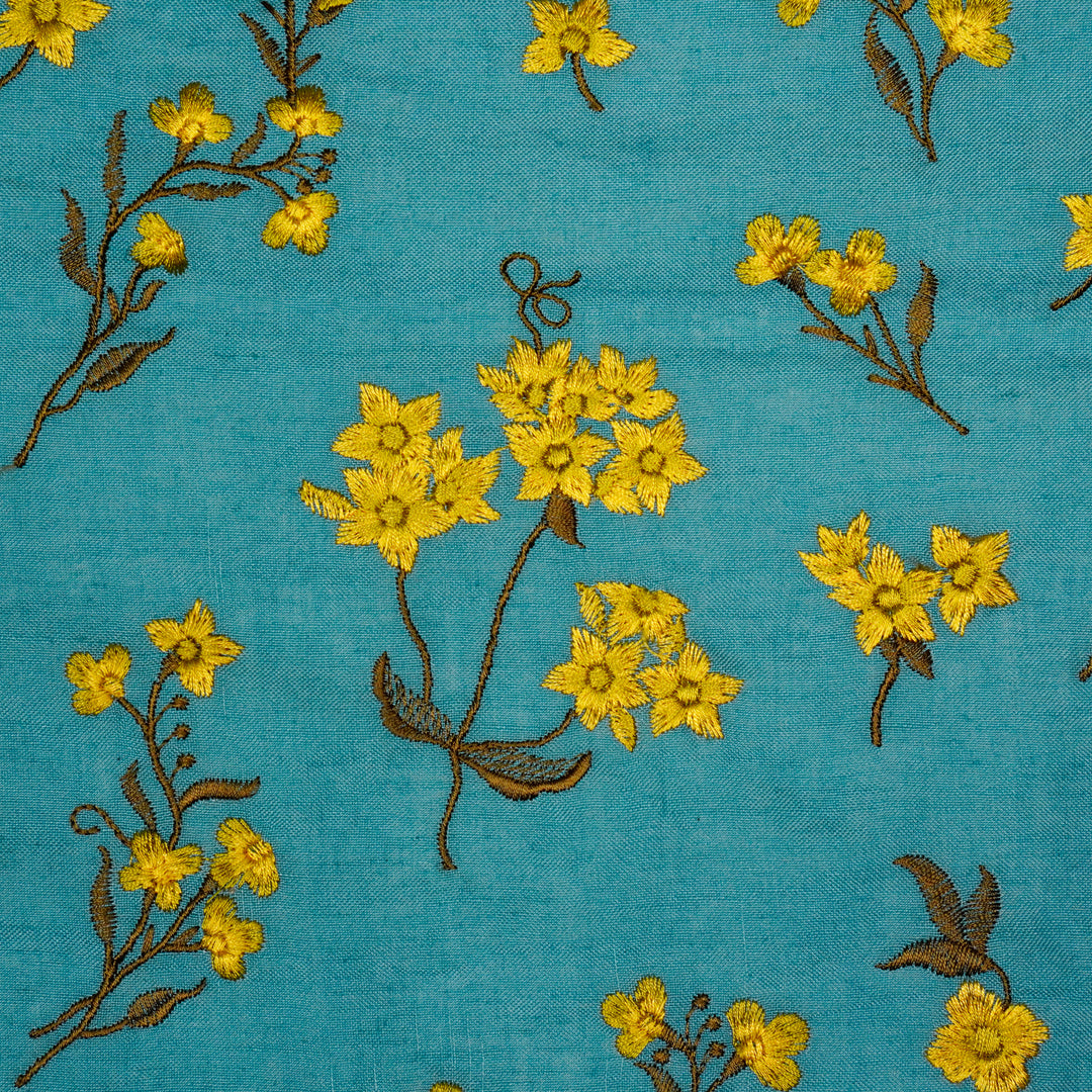 Safiya Buta on Sky/Blue Cotton Linen Embroidered Fabric