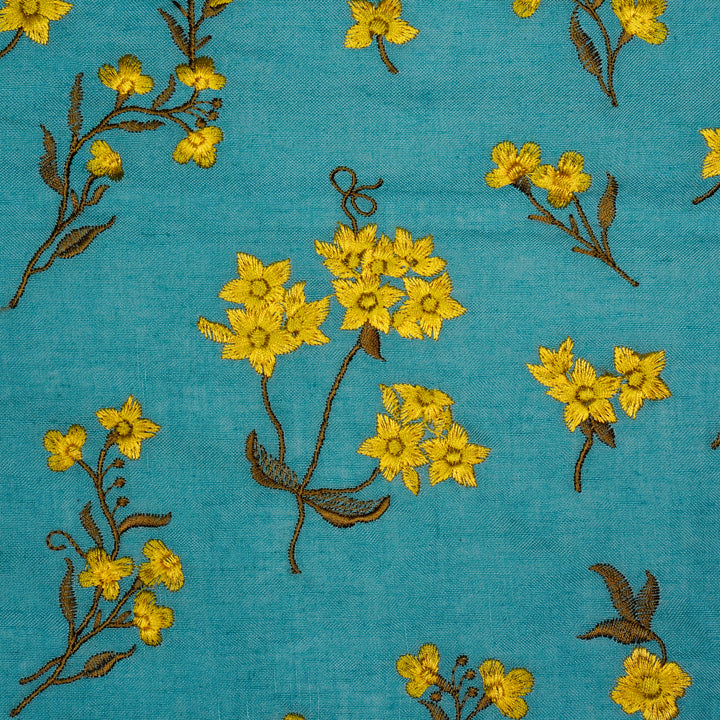 Safiya Buta on Sky/Blue Cotton Linen Embroidered Fabric