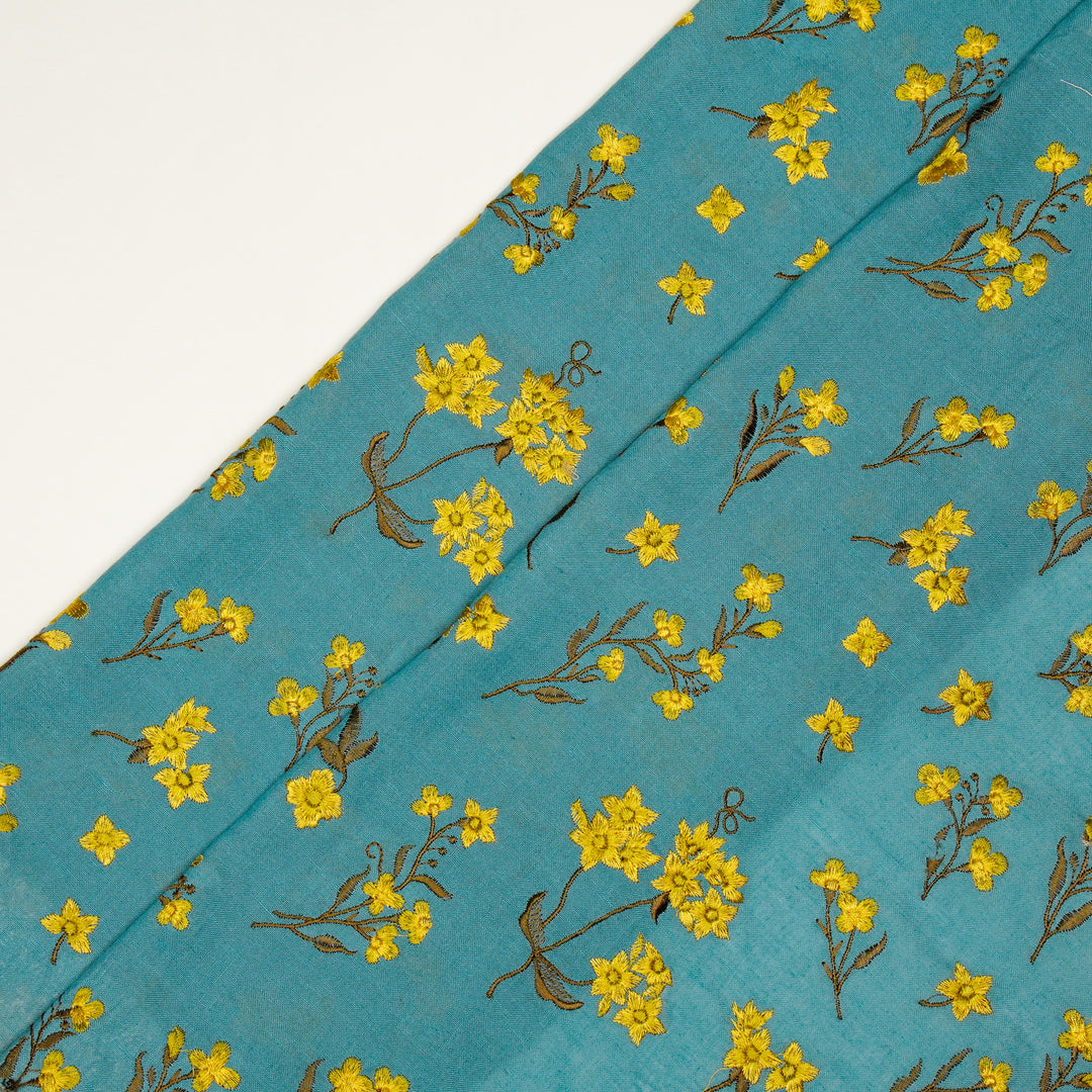 Safiya Buta on Sky/Blue Cotton Linen Embroidered Fabric