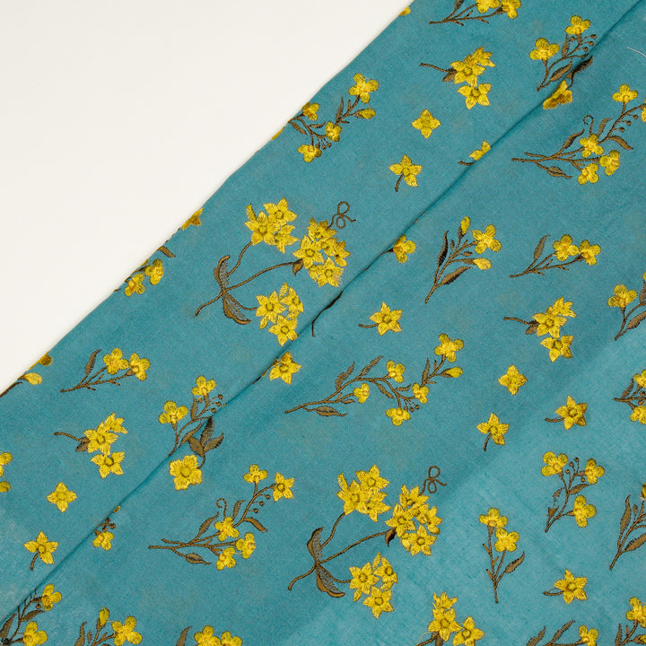 Safiya Buta on Sky/Blue Cotton Linen Embroidered Fabric