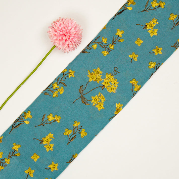 Safiya Buta on Sky/Blue Cotton Linen Embroidered Fabric