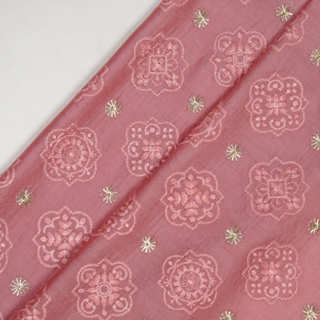 Amal Buta on Onion Pink Munga Silk Embroidered Fabric