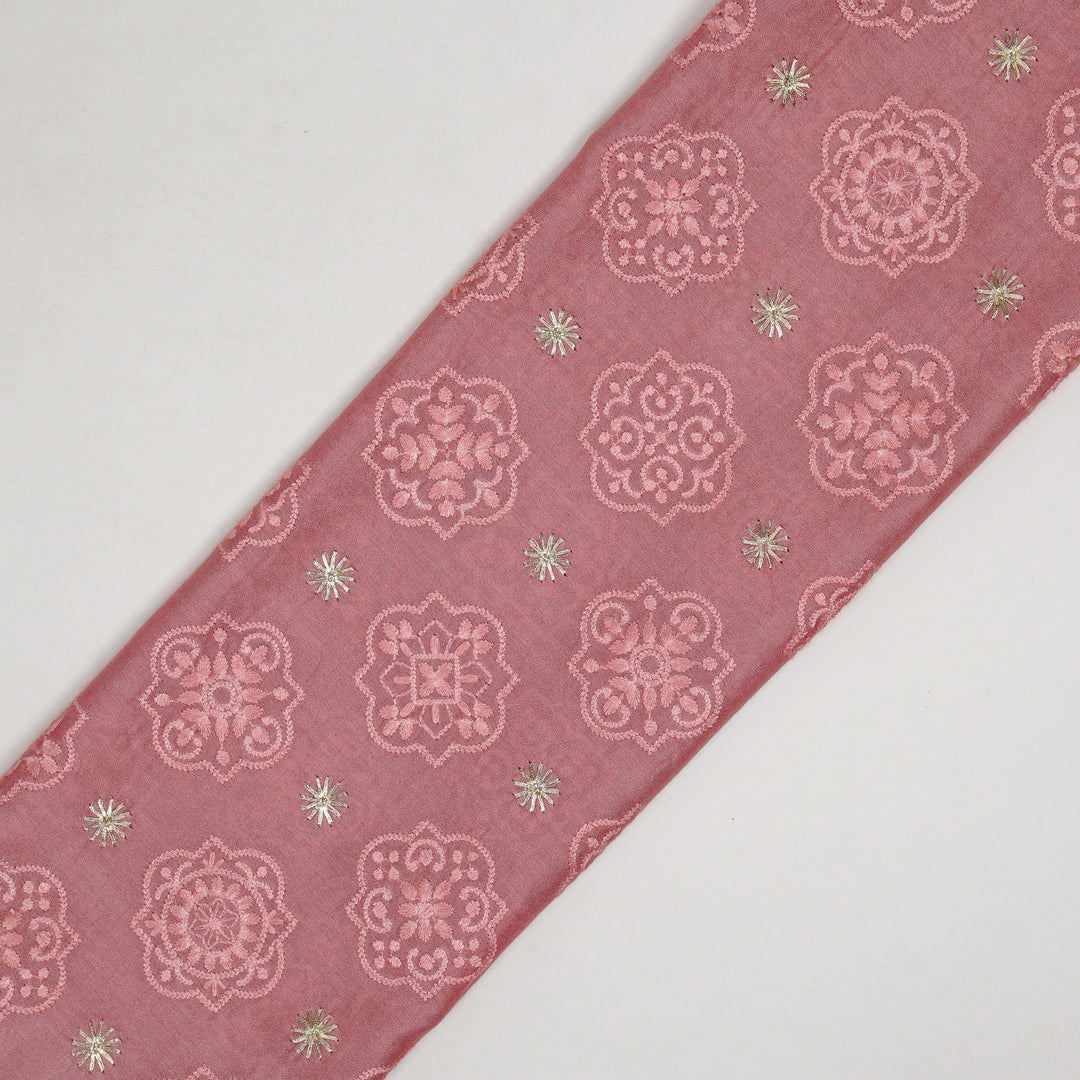 Amal Buta on Onion Pink Munga Silk Embroidered Fabric