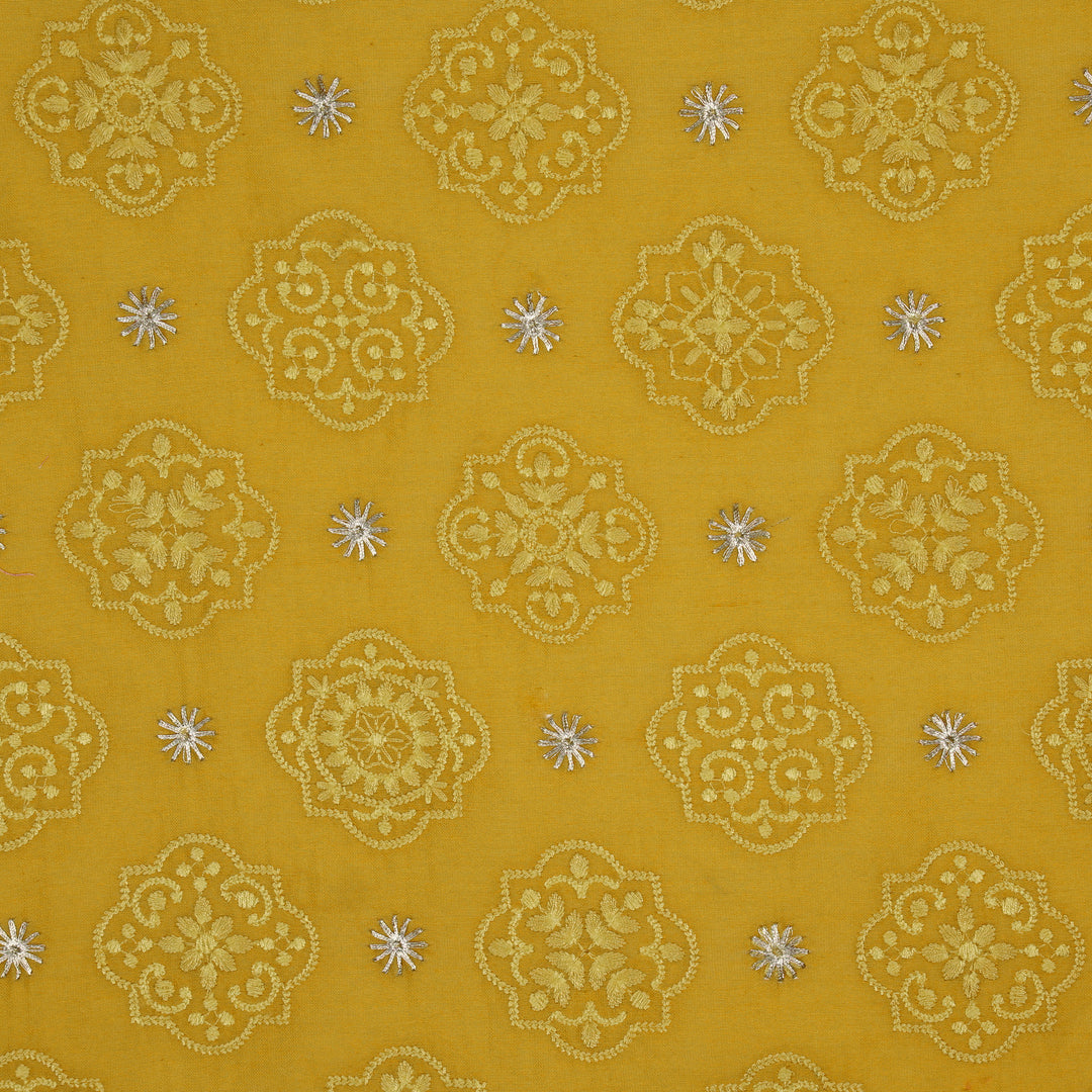 Amal Buta on Gold Munga Silk Embroidered Fabric