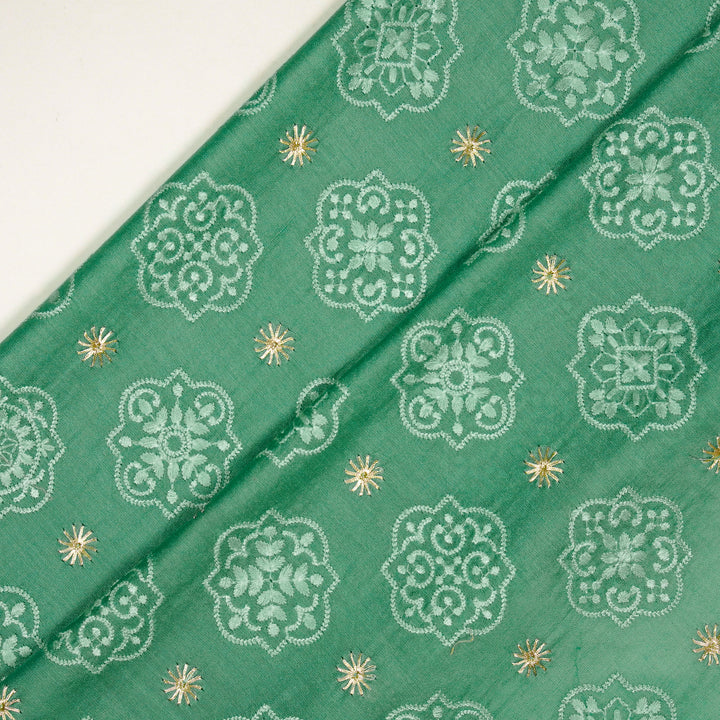 Amal Buta on Teal Munga Silk Embroidered Fabric