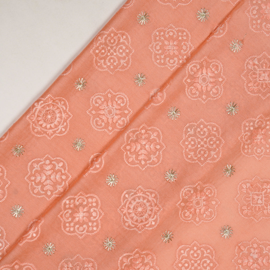 Amal Buta on Peach Munga Silk Embroidered Fabric