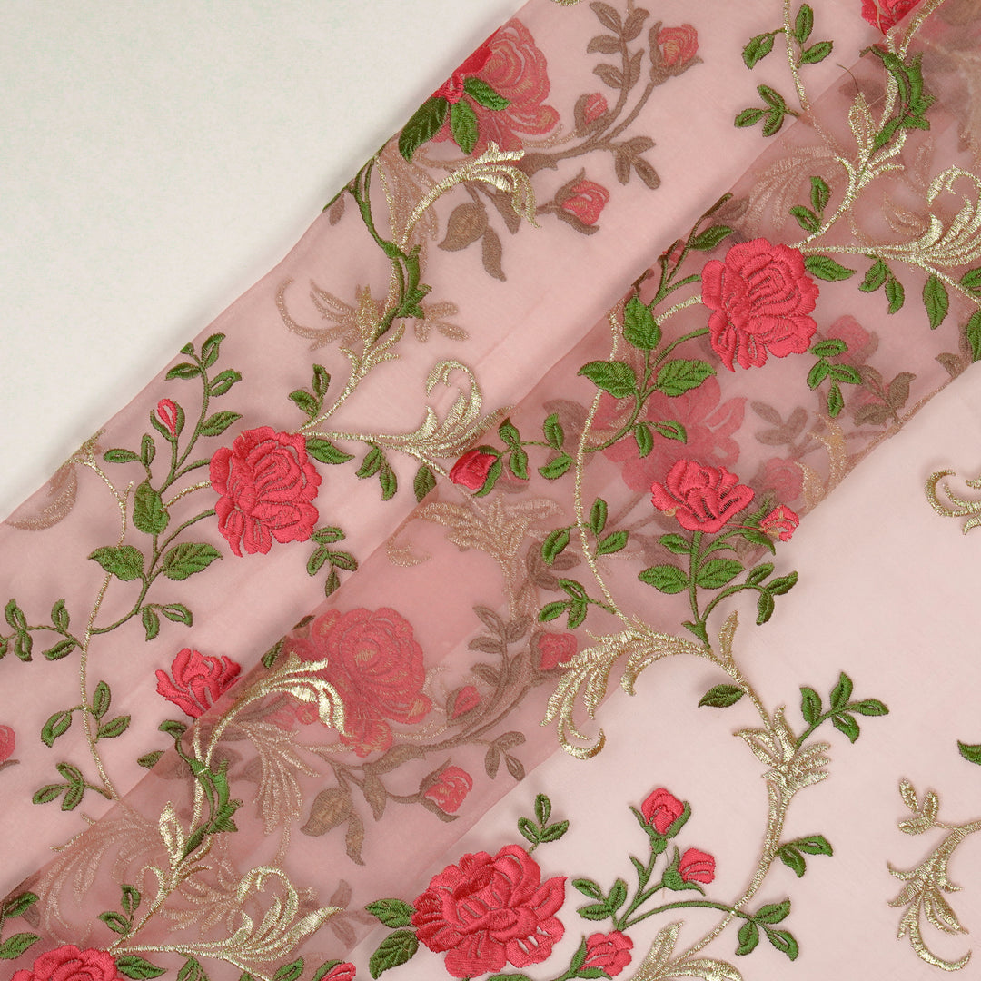 Alisha Jaal on Onion Pink Silk Organza Embroidered Fabric