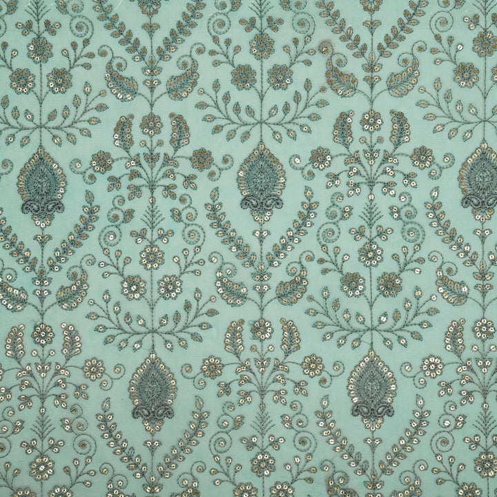 Aaditri Jaal on Turquoise Silk Organza Embroidered Fabric