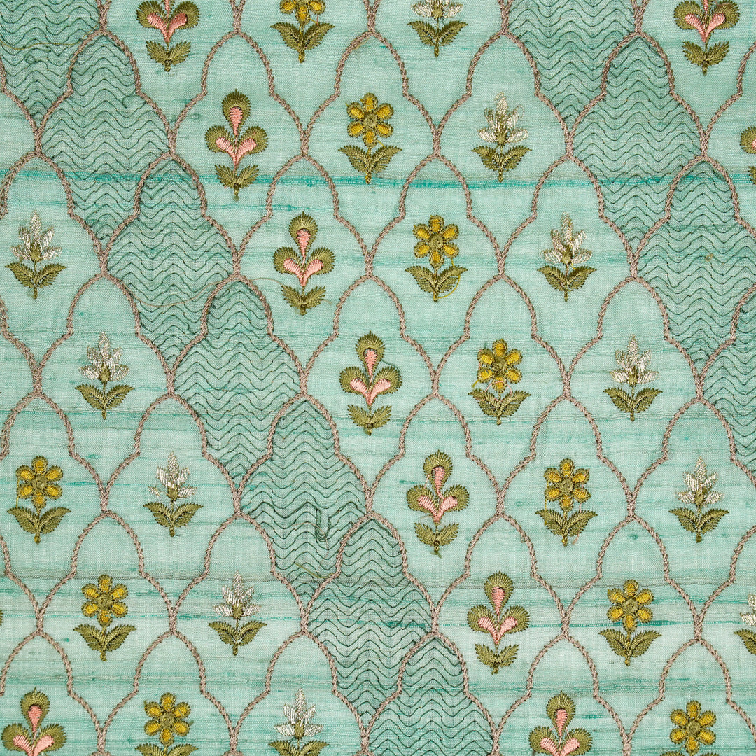 Huma Jaal On Aqua Tussar Silk Embroidered Fabric