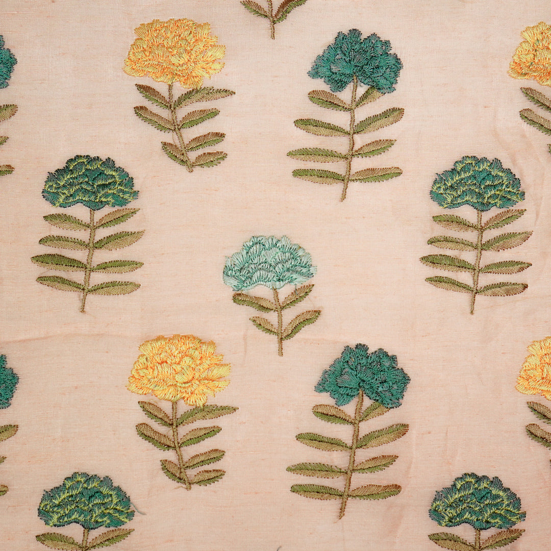 Nayla Buta on Peach Silk Linen Embroidered Fabric