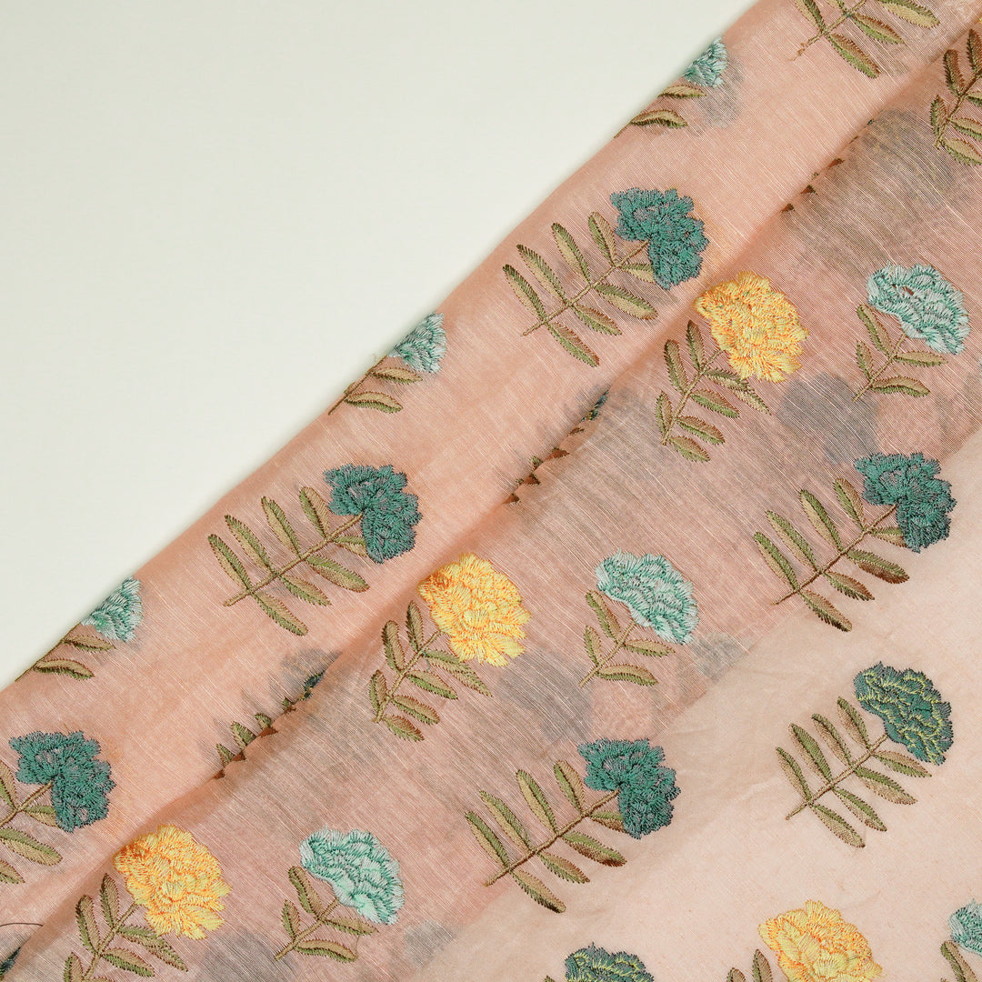 Nayla Buta on Peach Silk Linen Embroidered Fabric