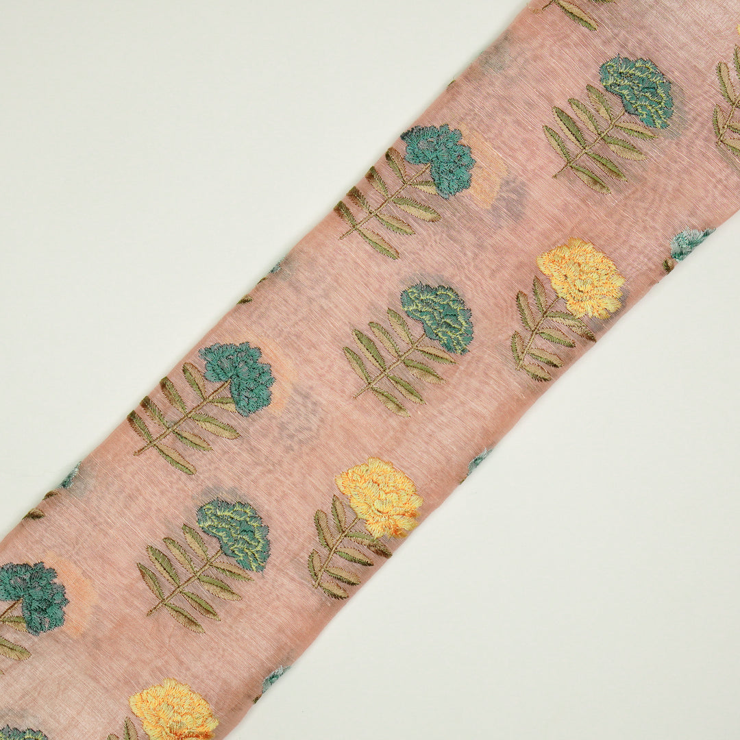 Nayla Buta on Peach Silk Linen Embroidered Fabric