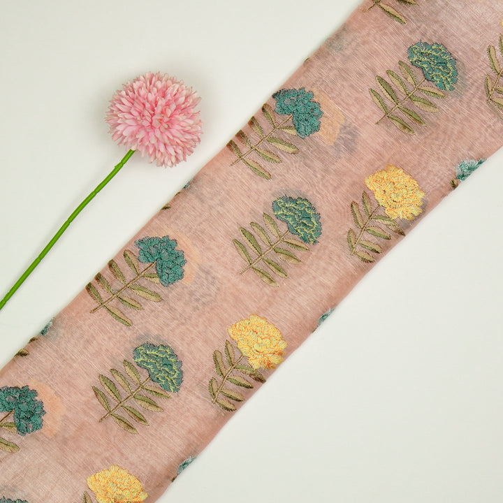 Nayla Buta on Peach Silk Linen Embroidered Fabric