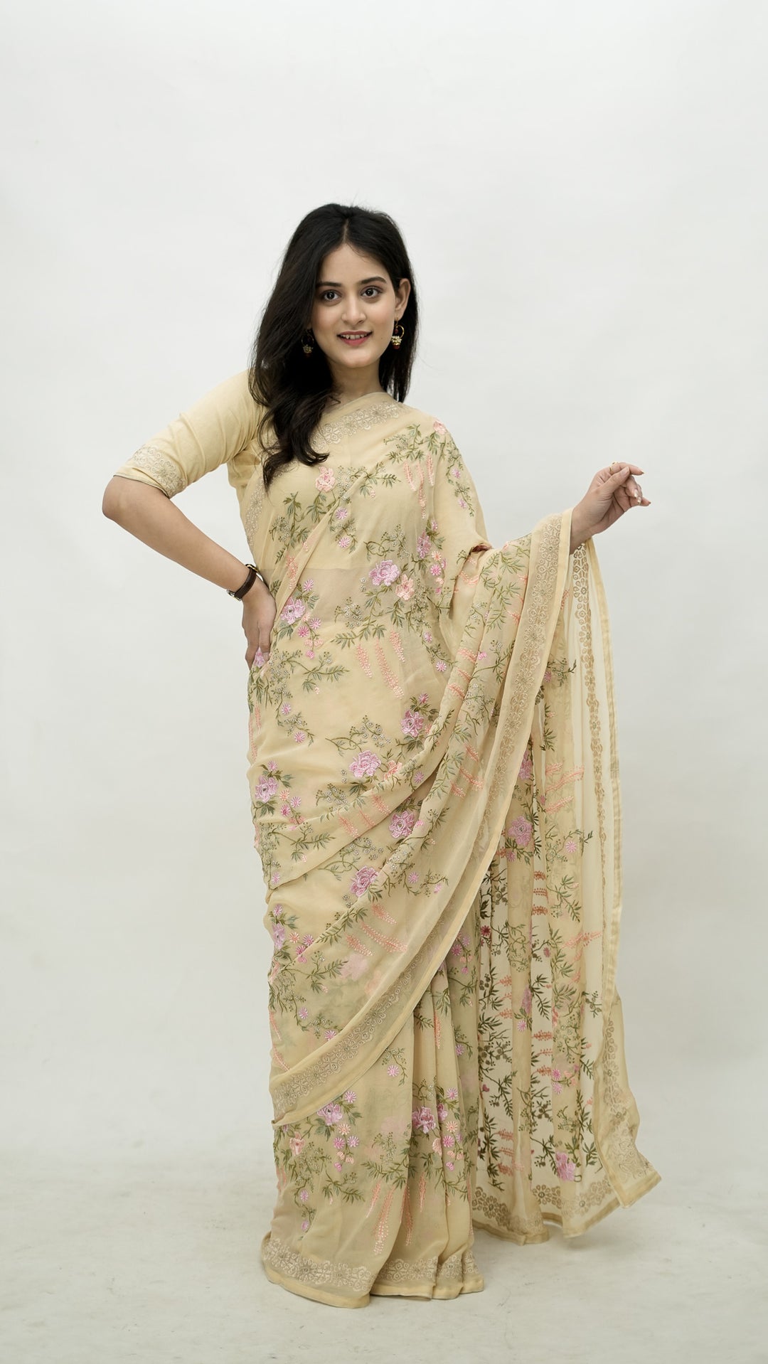 Afsanah Embroidered Saree on Beige Pure Silk Georgette