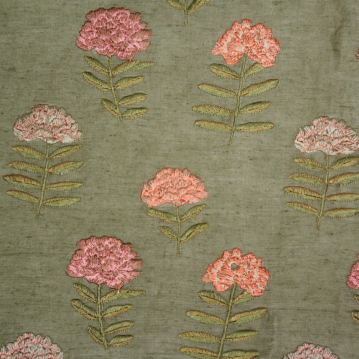 Nayla Buta on Moss/Green  Silk Linen Embroidered Fabric