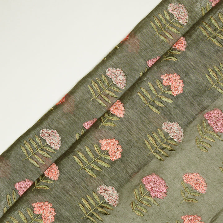 Nayla Buta on Moss/Green  Silk Linen Embroidered Fabric