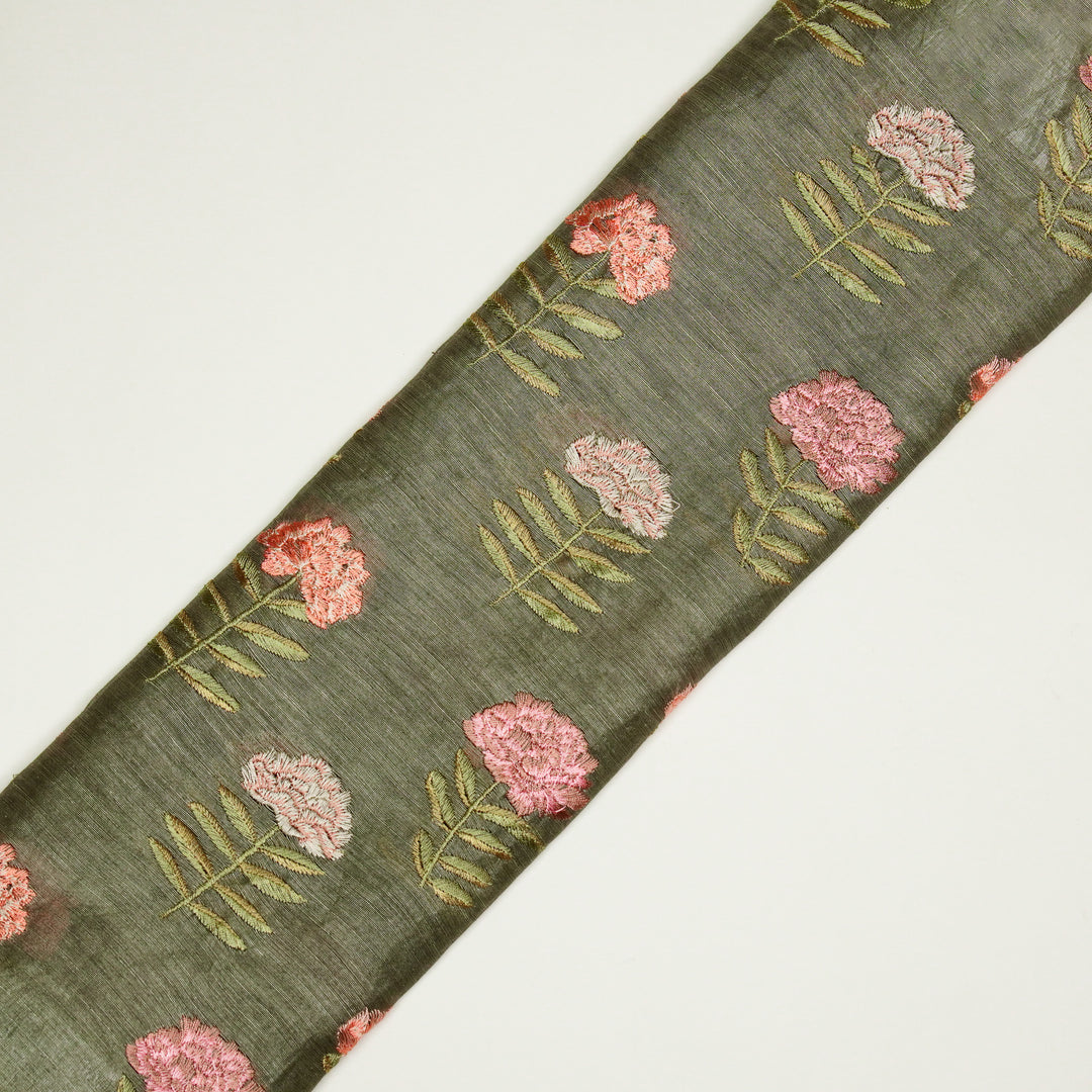 Nayla Buta on Moss/Green  Silk Linen Embroidered Fabric