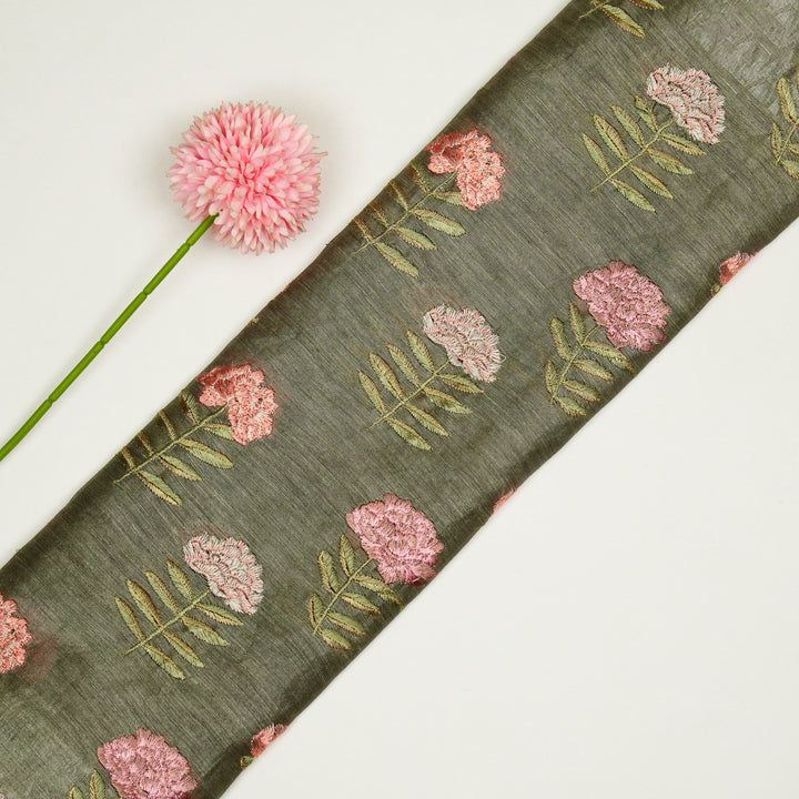 Nayla Buta on Moss/Green  Silk Linen Embroidered Fabric