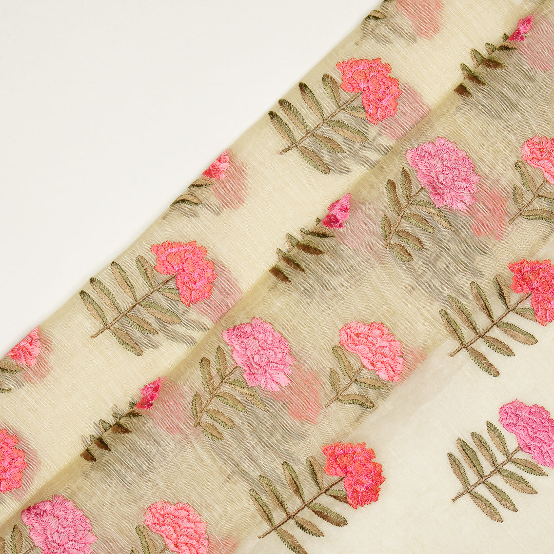 Nayla Buta on Cream Silk Linen Embroidered Fabric