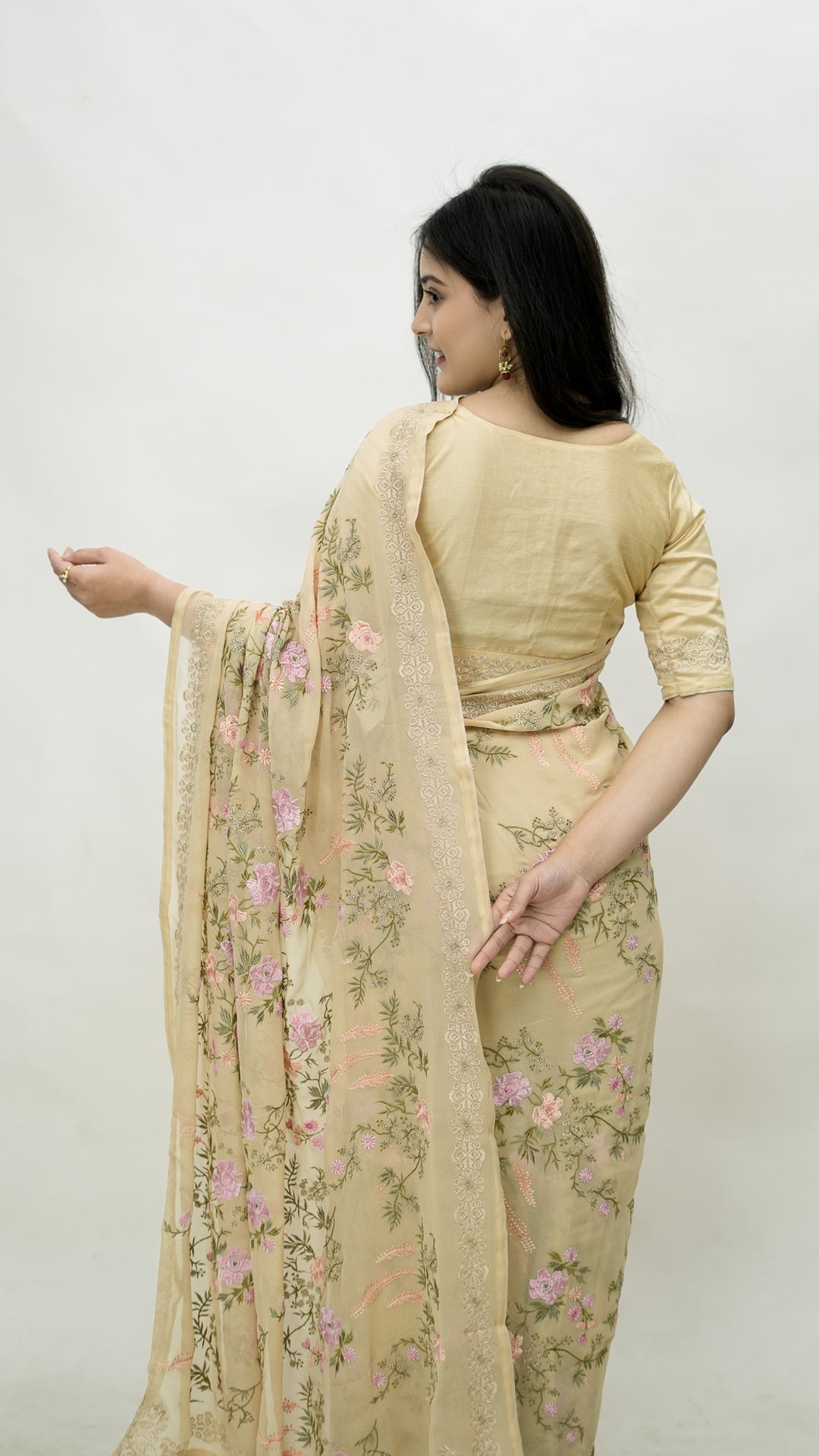 Afsanah Embroidered Saree on Beige Pure Silk Georgette