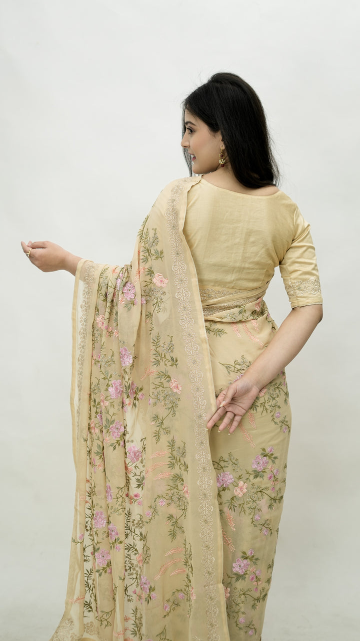 Afsanah Embroidered Saree on Beige Pure Silk Georgette