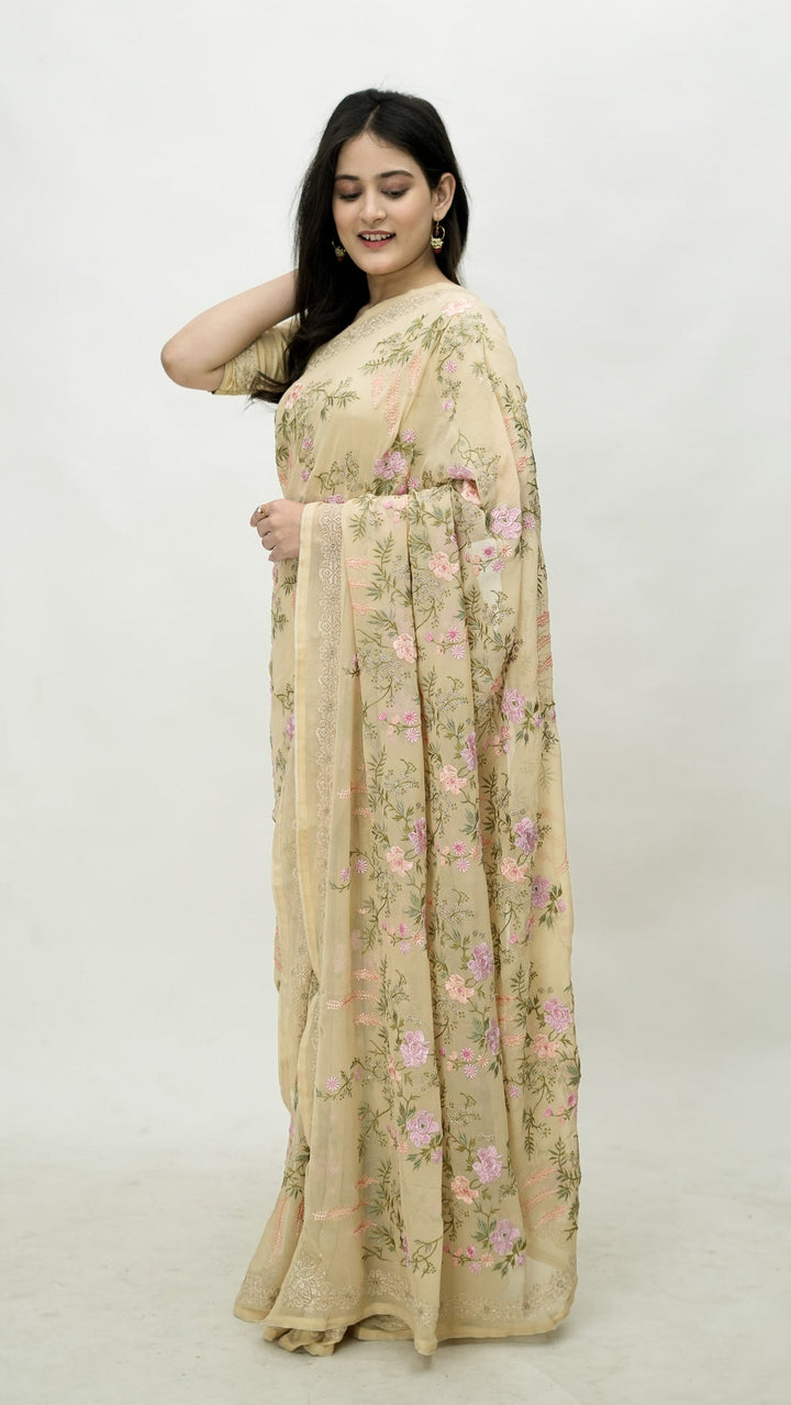 Afsanah Embroidered Saree on Beige Pure Silk Georgette