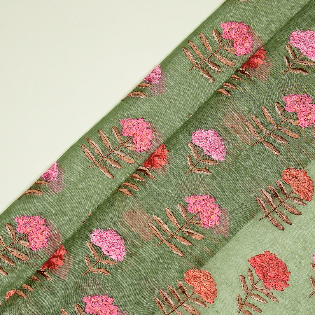 Nayla Buta on Sea Green Silk Linen Embroidered Fabric