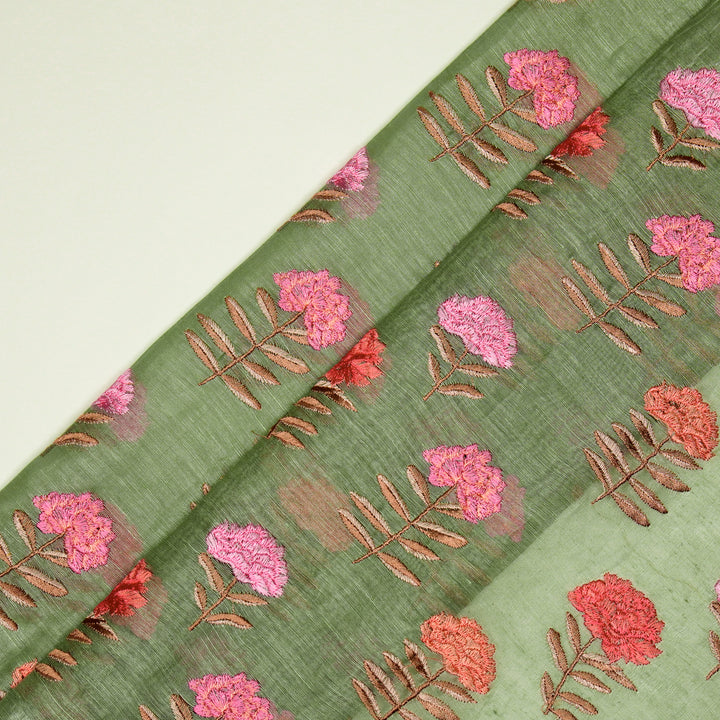 Nayla Buta on Sea Green Silk Linen Embroidered Fabric