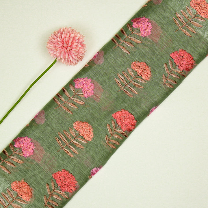 Nayla Buta on Sea Green Silk Linen Embroidered Fabric