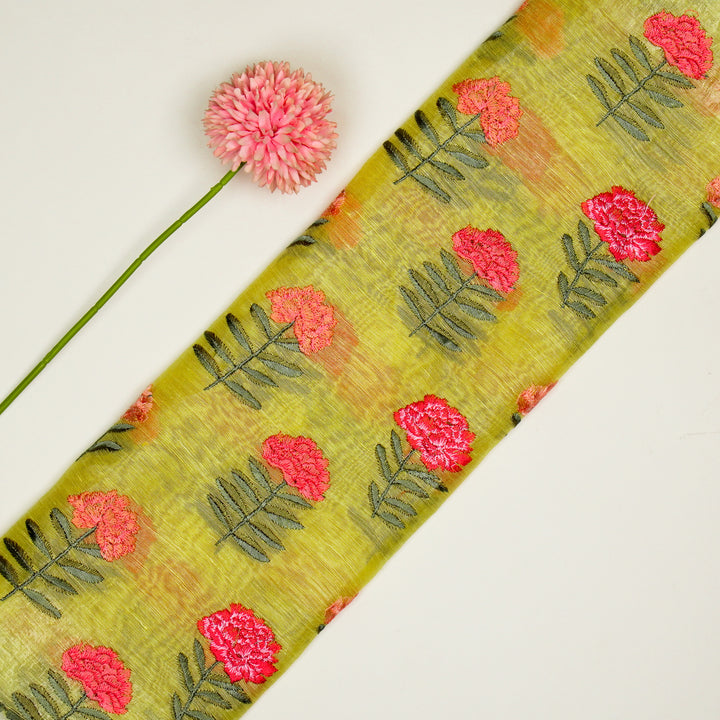 Nayla Buta on Lemon  Silk Linen Embroidered Fabric