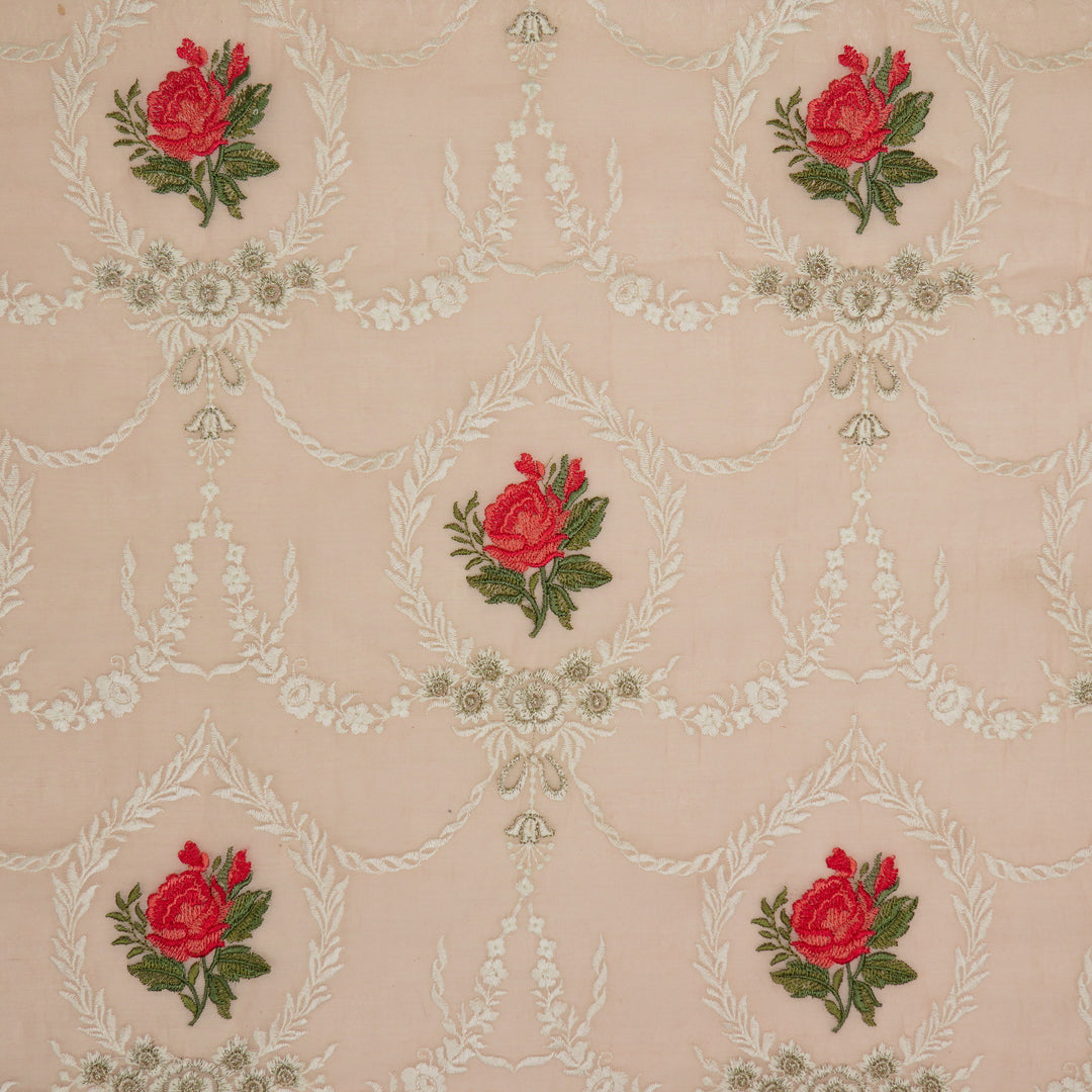 Roseen Jaal on Light Peach Cotton Silk Embroidered Fabric