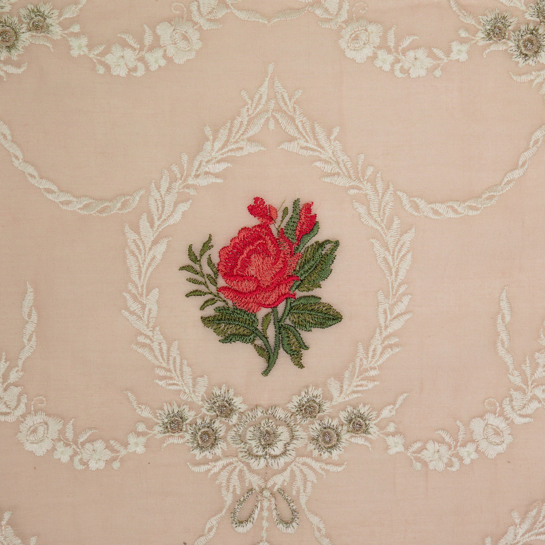 Roseen Jaal on Light Peach Cotton Silk Embroidered Fabric