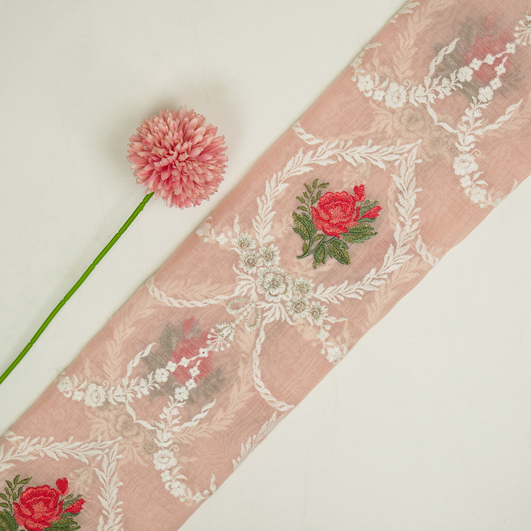 Roseen Jaal on Light Peach Cotton Silk Embroidered Fabric
