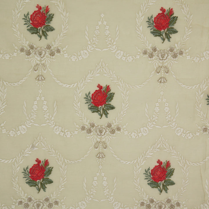 Roseen Jaal on Cream Cotton Silk Embroidered Fabric