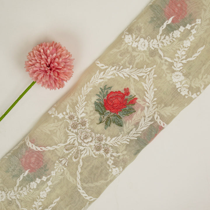 Roseen Jaal on Cream Cotton Silk Embroidered Fabric