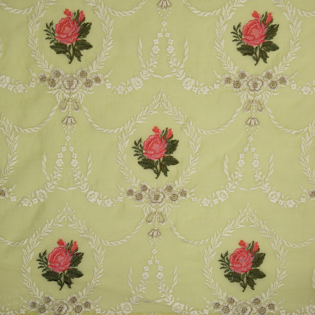 Roseen Jaal on Light Lemon Cotton Silk Embroidered Fabric