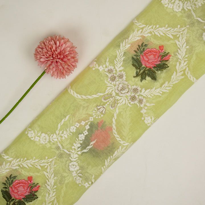 Roseen Jaal on Light Lemon Cotton Silk Embroidered Fabric