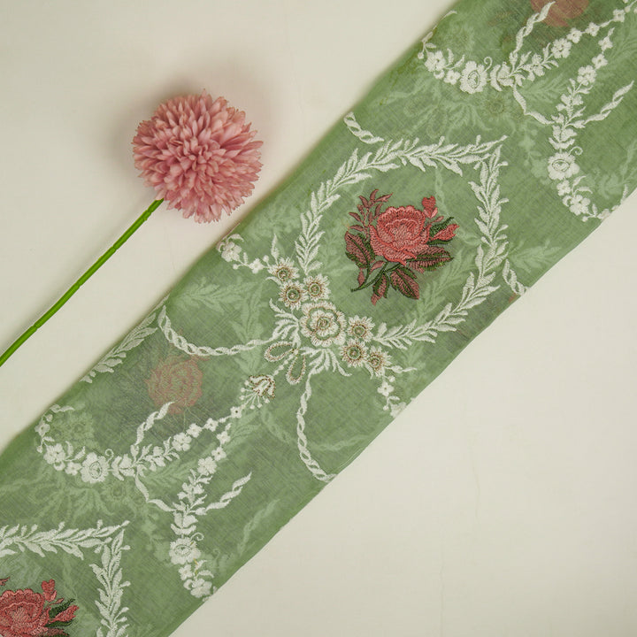 Roseen Jaal on Sea Green Cotton Silk Embroidered Fabric