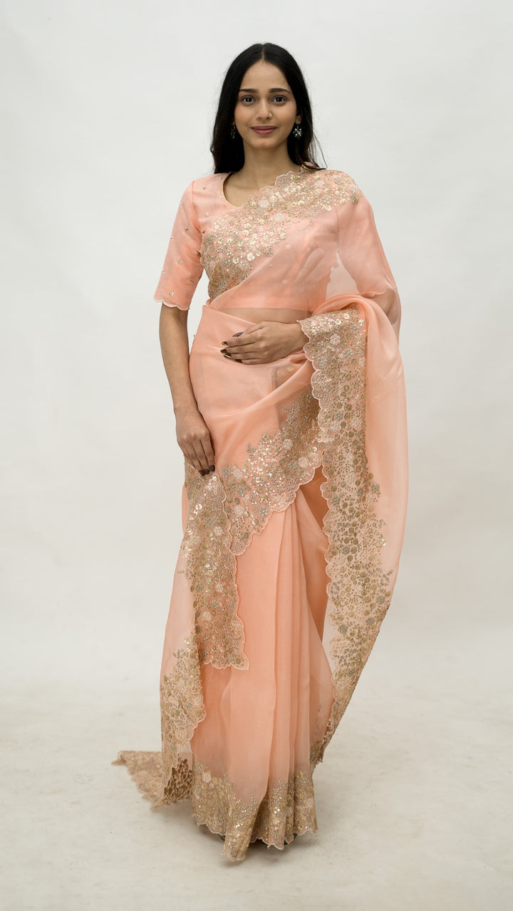 Tabeera Embroidered Saree on Peach Pure Silk Organza