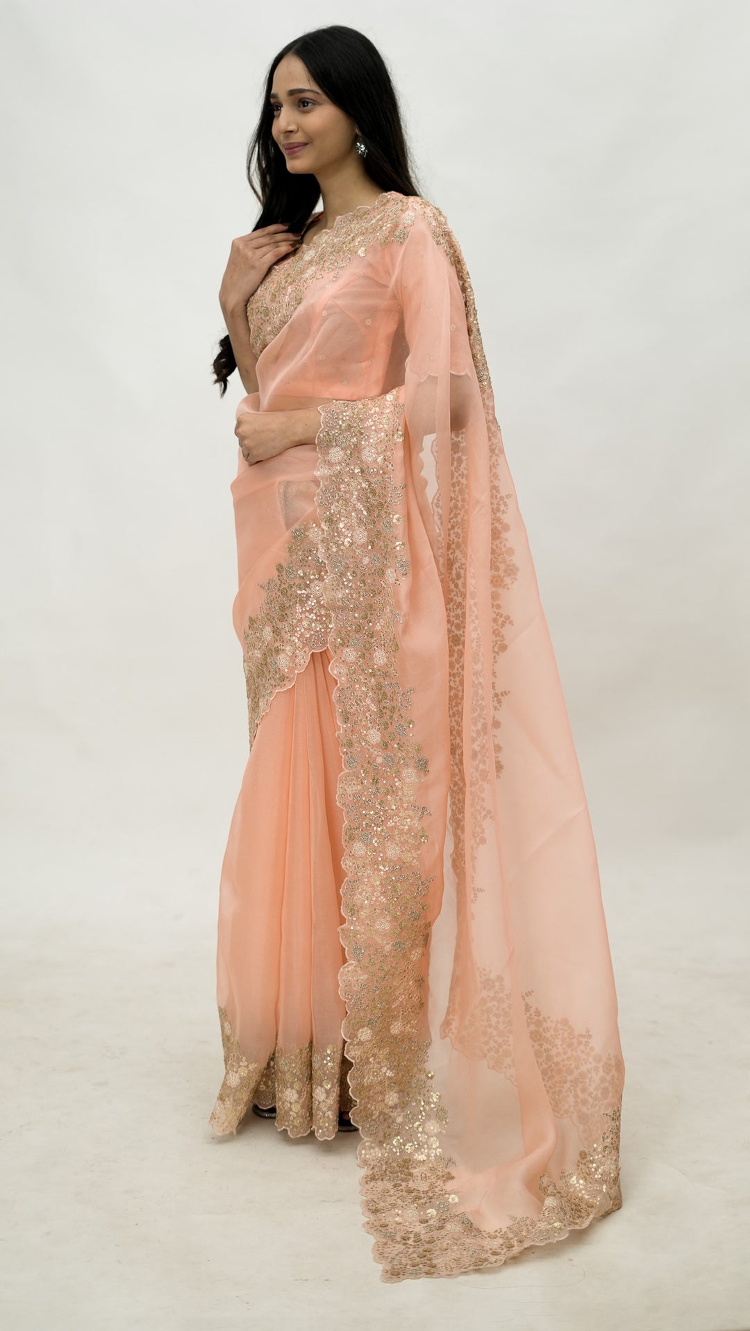 Tabeera Embroidered Saree on Peach Pure Silk Organza